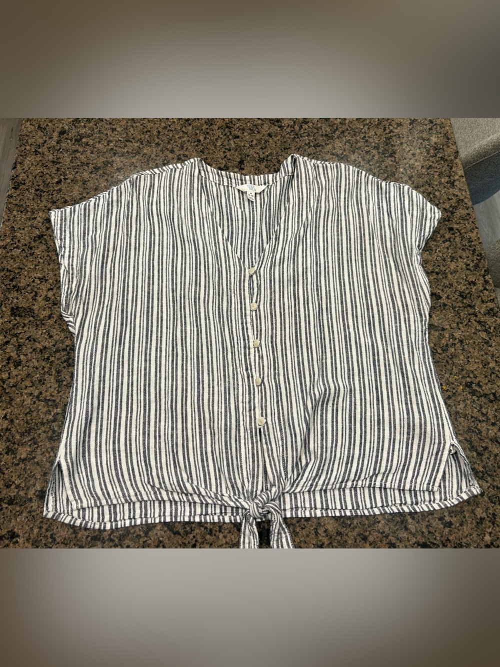 Time and Tru Striped Button-Front Tie-Hem Top - White and Navy